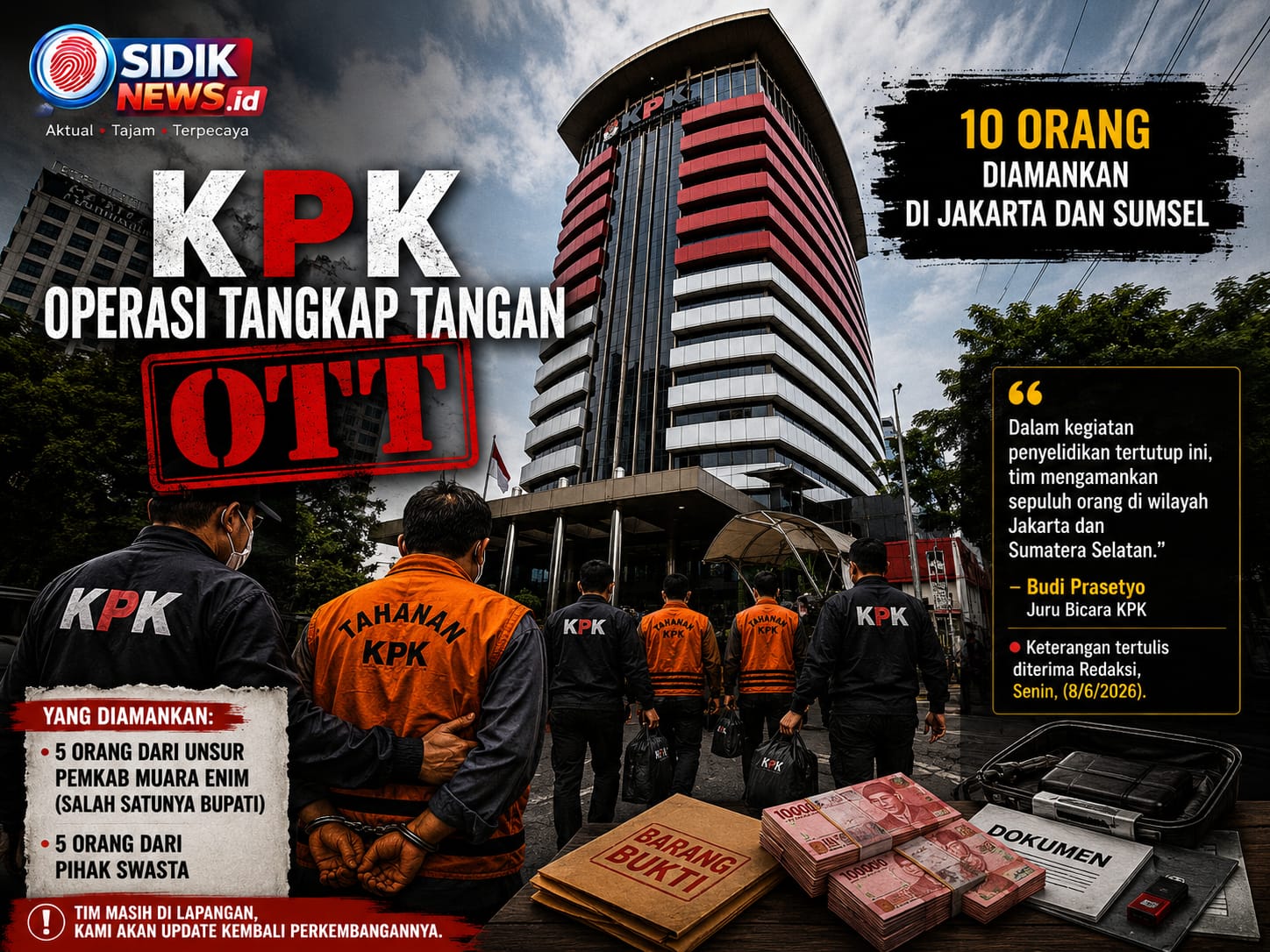 KPK Bekuk Bupati Muara Enim dalam OTT, Jejak Korupsi Diburu di Jakarta dan Sumsel