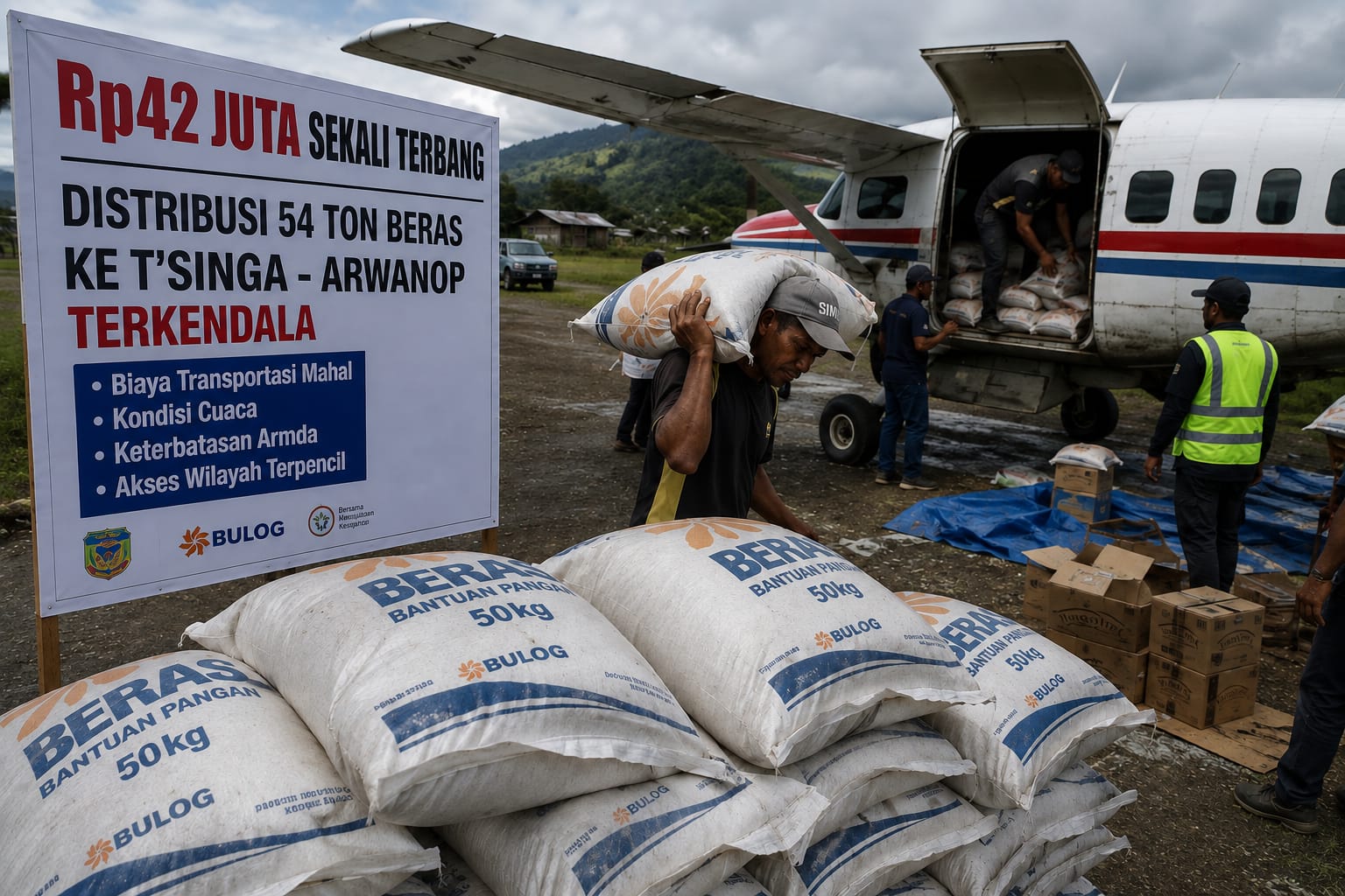 Rp42 Juta Sekali Terbang, Distribusi 54 Ton Beras ke T’Singa-Arwanop Terkendala