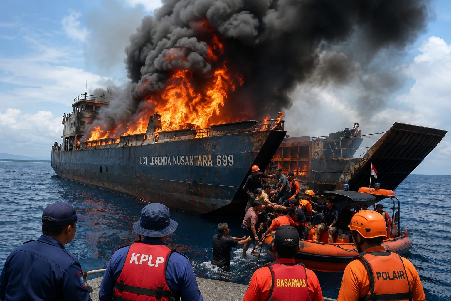 LCT Legenda Nusantara 699 Terbakar di Perairan Kabaena, 13 Awak Kapal Dievakuasi