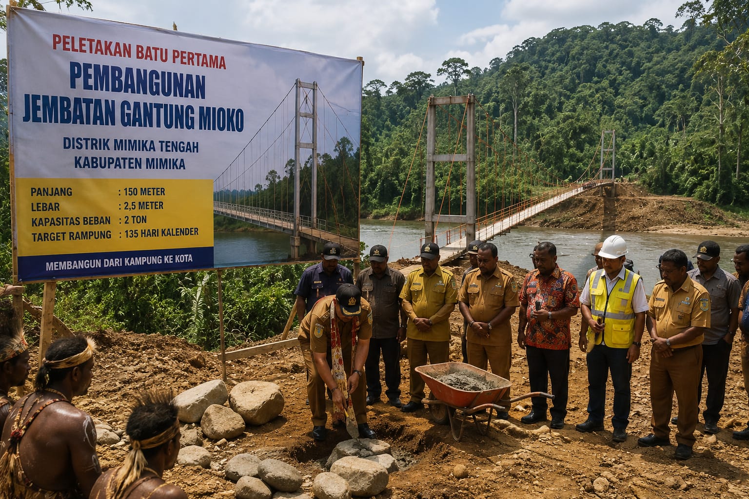 Dibangun 150 Meter! Ditargetkan Rampung 135 Hari, Jembatan Gantung Mioko Mulai Dibangun Buka Akses Warga Mimika Tengah